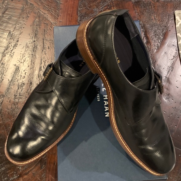 Cole Haan Black Leather Monk Strap Derbys - Picture 2 of 5